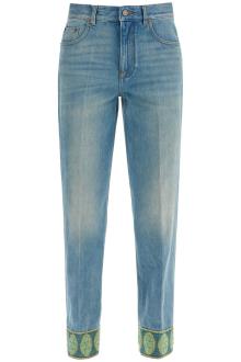 valentino garavani medium blue jeans with green embroidery, straight leg, high waist