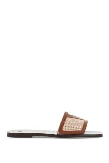 valentino garavani women&#039;s slippers in natural fabric and leather/tobacco with wide check pattern strap