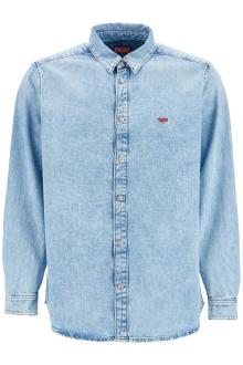 diesel light blue denim shirt with logo on chest