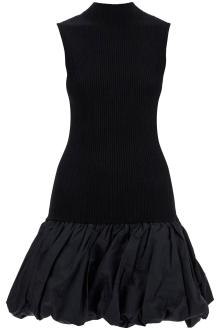 rotate black knit racer cut dress with high neck and flared skirt