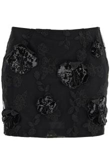 rotate mini skirt in recycled black polyester mesh with floral pattern