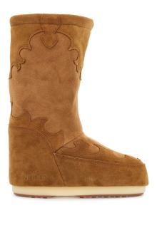 moon boot high suede boots in cognac with wedge embroidery