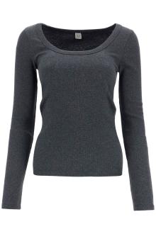 toteme organic cotton charcoal melange ribbed top with wide neck