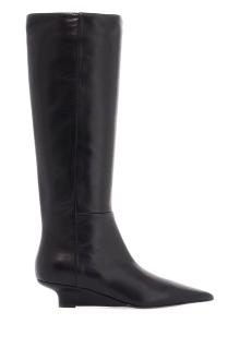 toteme black leather knee-high boots with low heel and pointed toe