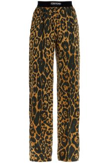 tom ford wide leg leopard print silk pants in camel and black