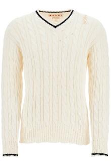 marni white cotton sweater with cable knit v-neck