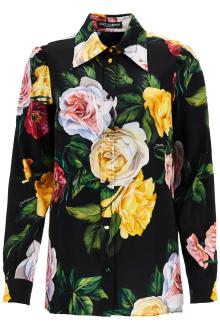 dolce &amp; gabbana black silk shirt with multicolored roses and yellow buttons