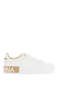 dolce &amp; gabbana white calfskin low-top sneakers with gold details and velcro closure