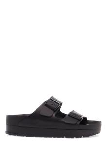 birkenstock black leather platform sandals with two straps and metal buckles