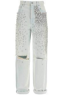 golden goose light blue cotton jeans with crystal stones