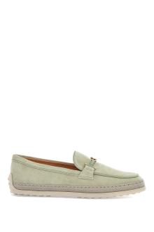 tod&#039;s oil green calfskin loafers with leather sole and gold detail