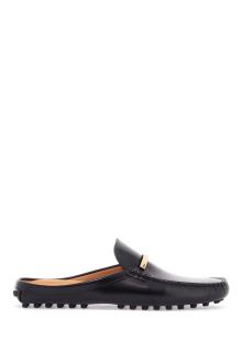 tod&#039;s black calfskin slip-on loafers with metallic strap and rubber sole