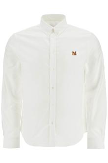 maison kitsune men&#039;s white cotton shirt with fox embroidery