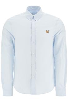 maison kitsune light blue cotton shirt with mini fox embroidery