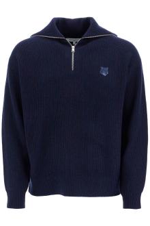 maison kitsune ink blue wool sweater with fox head patch and half zip