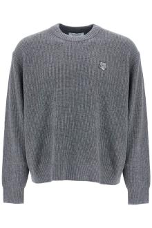 maison kitsune gray mélange wool sweater with embroidered fox logo