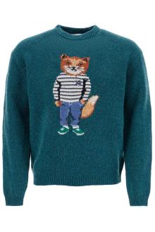 maison kitsune green wool sweater with fox intarsia